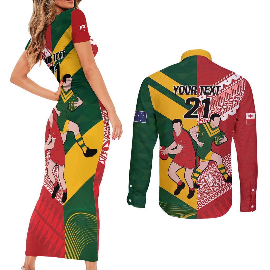 Australia-Tonga Rugby Pacific Custom Couples Matching Short Sleeve Bodycon Dress and Long Sleeve Button Shirt The Kangaroos and Mate Ma'a Tonga LT9 - Polynesian Pride
