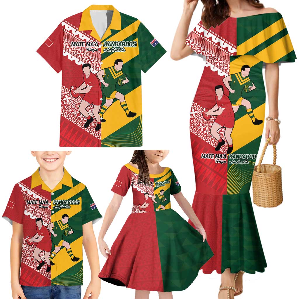 Australia-Tonga Rugby Pacific Custom Family Matching Mermaid Dress and Hawaiian Shirt The Kangaroos and Mate Ma'a Tonga LT9 - Polynesian Pride