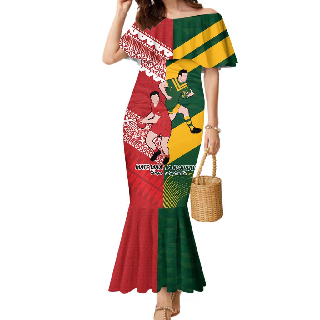 Australia-Tonga Rugby Pacific Custom Family Matching Mermaid Dress and Hawaiian Shirt The Kangaroos and Mate Ma'a Tonga LT9 Mom's Dress Red-Green - Polynesian Pride