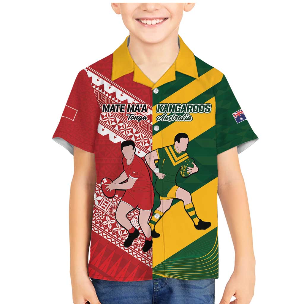 Australia-Tonga Rugby Pacific Custom Family Matching Mermaid Dress and Hawaiian Shirt The Kangaroos and Mate Ma'a Tonga LT9 Son's Shirt Red-Green - Polynesian Pride