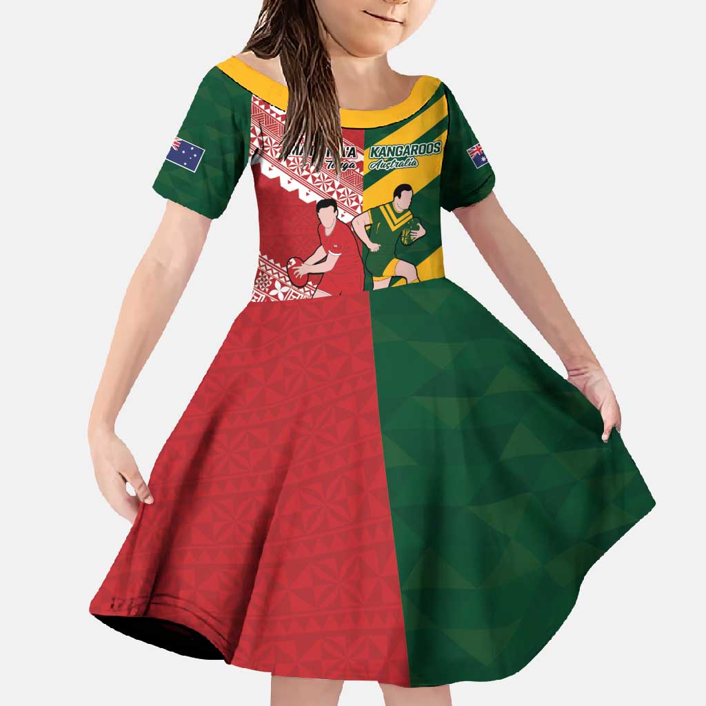 Australia-Tonga Rugby Pacific Custom Family Matching Off Shoulder Maxi Dress and Hawaiian Shirt The Kangaroos and Mate Ma'a Tonga LT9 Daughter's Dress Red-Green - Polynesian Pride