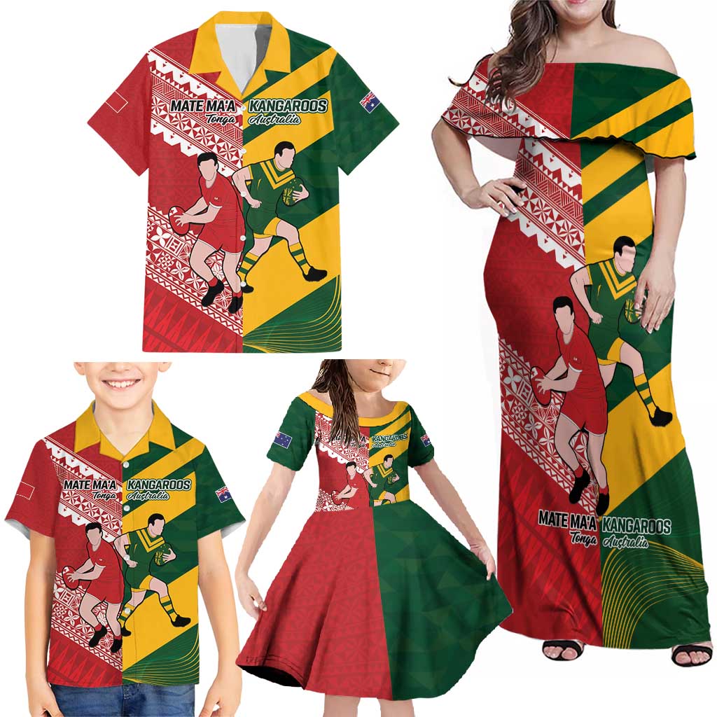 Australia-Tonga Rugby Pacific Custom Family Matching Off Shoulder Maxi Dress and Hawaiian Shirt The Kangaroos and Mate Ma'a Tonga LT9 - Polynesian Pride