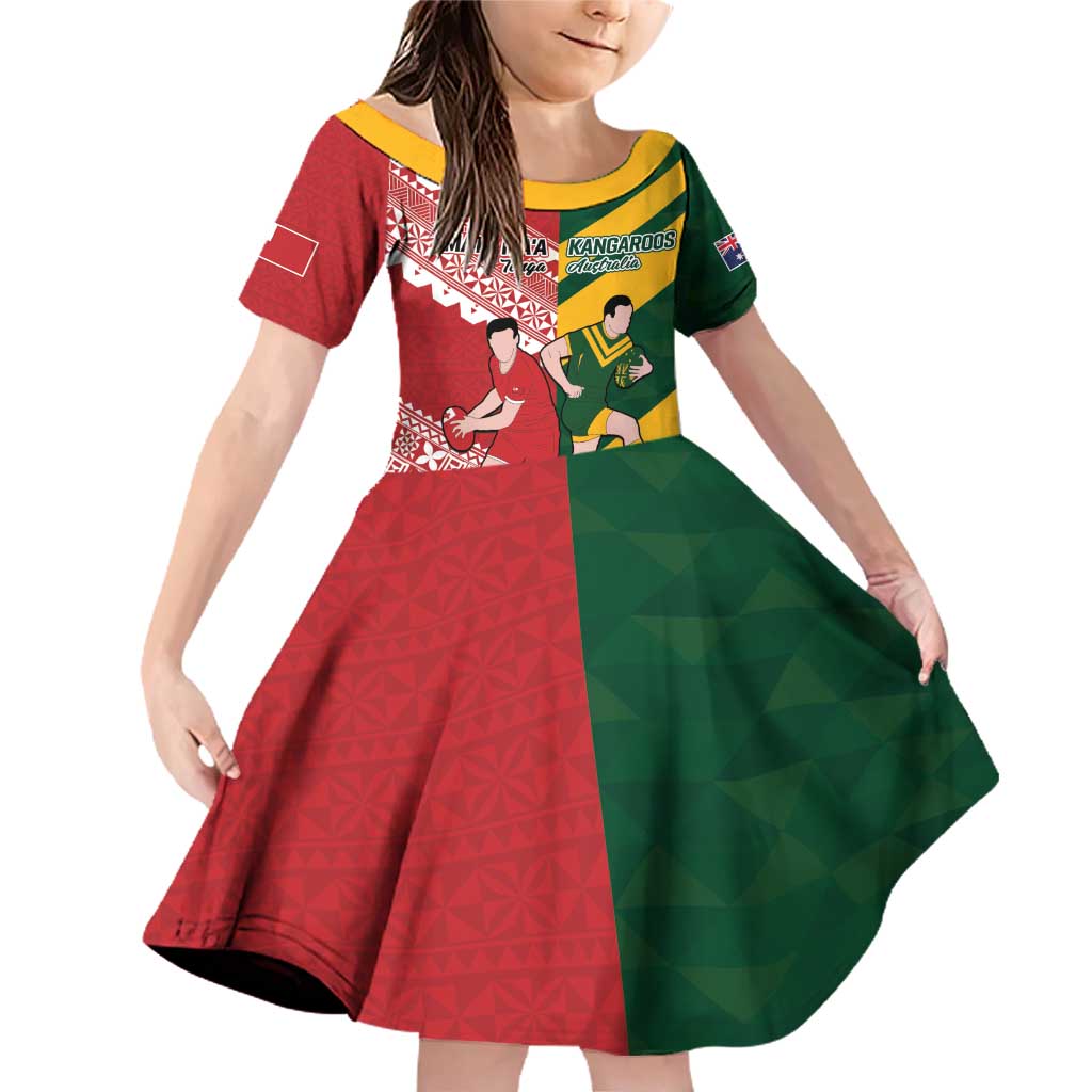 Australia-Tonga Rugby Pacific Custom Family Matching Off Shoulder Short Dress and Hawaiian Shirt The Kangaroos and Mate Ma'a Tonga LT9 Daughter's Dress Red-Green - Polynesian Pride