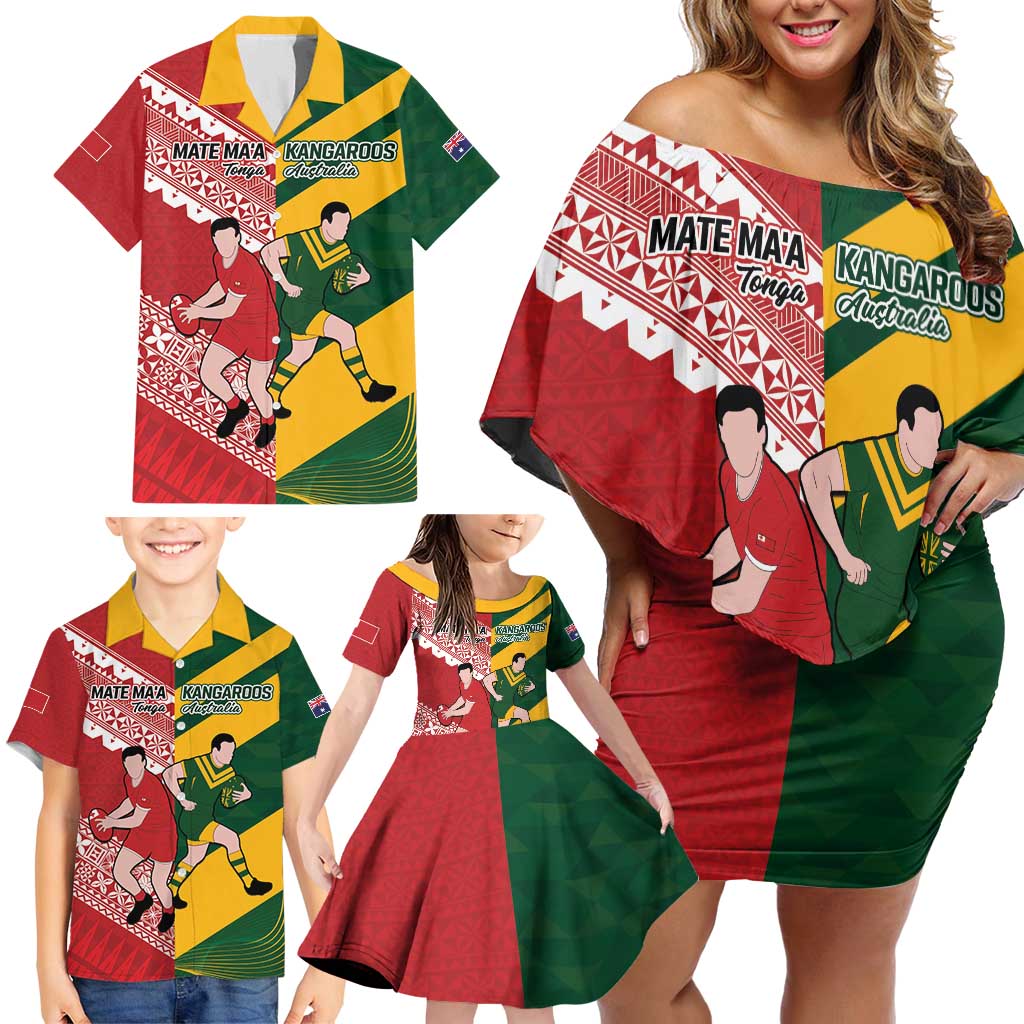 Australia-Tonga Rugby Pacific Custom Family Matching Off Shoulder Short Dress and Hawaiian Shirt The Kangaroos and Mate Ma'a Tonga LT9 - Polynesian Pride