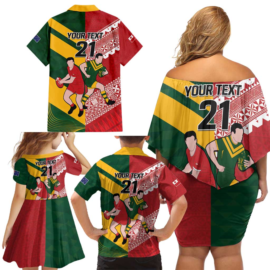 Australia-Tonga Rugby Pacific Custom Family Matching Off Shoulder Short Dress and Hawaiian Shirt The Kangaroos and Mate Ma'a Tonga LT9 - Polynesian Pride