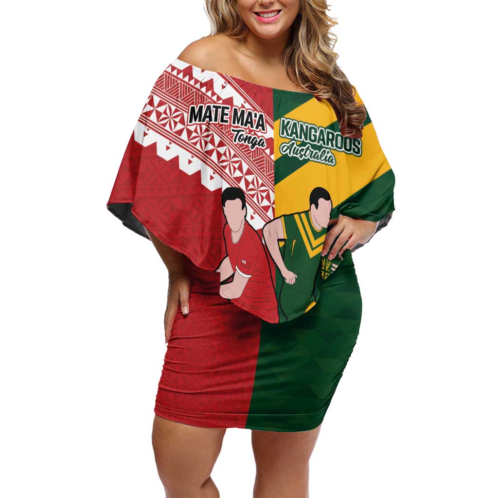 Australia-Tonga Rugby Pacific Custom Family Matching Off Shoulder Short Dress and Hawaiian Shirt The Kangaroos and Mate Ma'a Tonga LT9 Mom's Dress Red-Green - Polynesian Pride