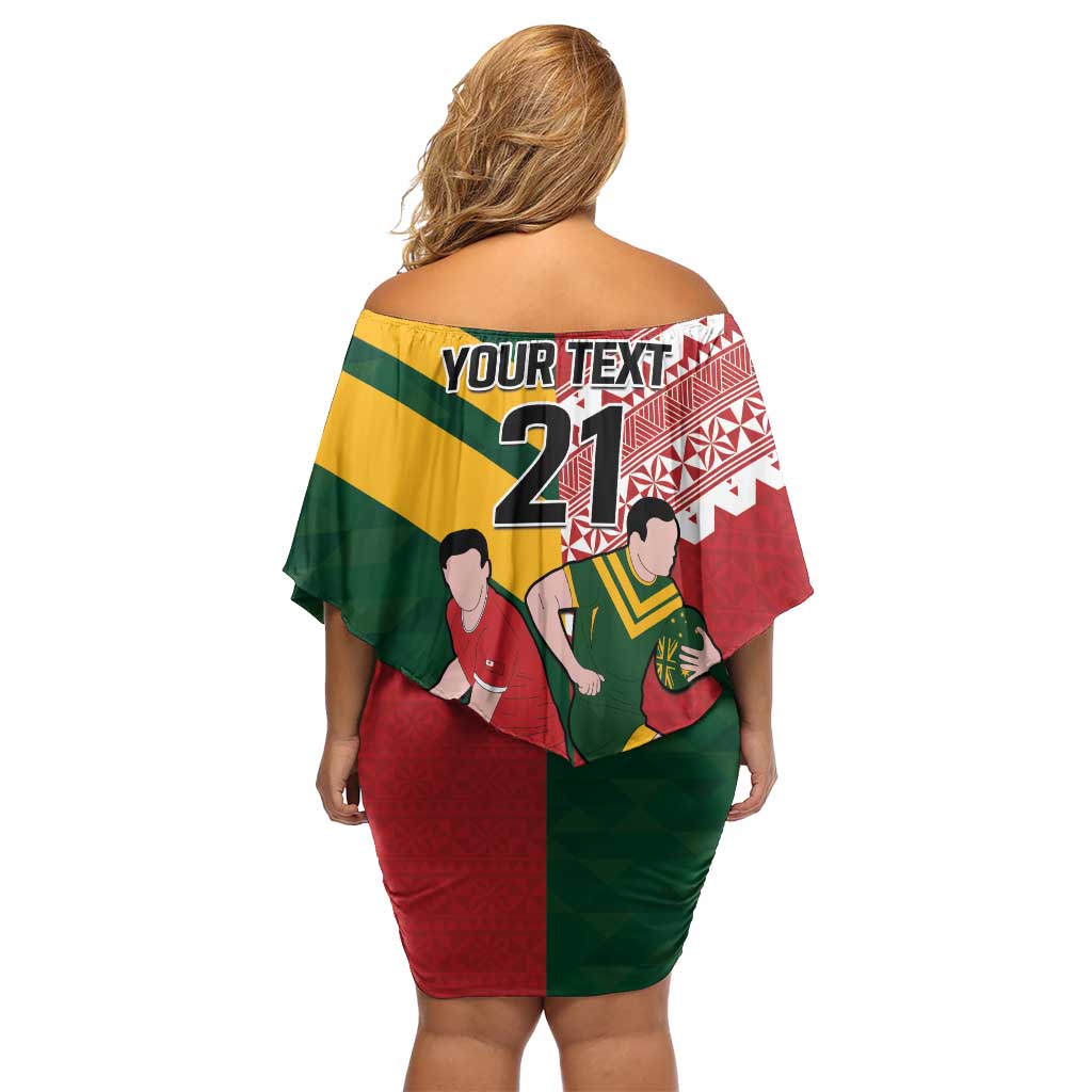 Australia-Tonga Rugby Pacific Custom Family Matching Off Shoulder Short Dress and Hawaiian Shirt The Kangaroos and Mate Ma'a Tonga LT9 - Polynesian Pride