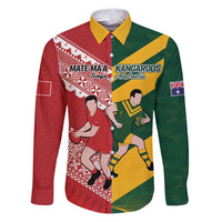 Australia-Tonga Rugby Pacific Custom Family Matching Puletasi and Hawaiian Shirt The Kangaroos and Mate Ma'a Tonga LT9 Dad's Shirt - Long Sleeve Red-Green - Polynesian Pride