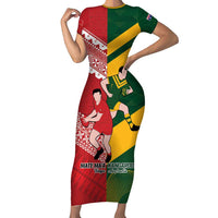 Australia-Tonga Rugby Pacific Custom Family Matching Short Sleeve Bodycon Dress and Hawaiian Shirt The Kangaroos and Mate Ma'a Tonga LT9 Mom's Dress Red-Green - Polynesian Pride