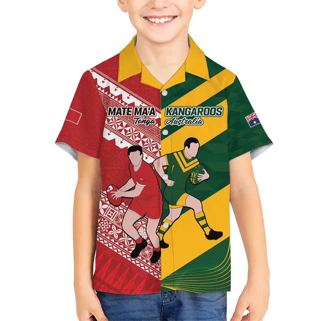 Australia-Tonga Rugby Pacific Custom Family Matching Short Sleeve Bodycon Dress and Hawaiian Shirt The Kangaroos and Mate Ma'a Tonga LT9 Son's Shirt Red-Green - Polynesian Pride