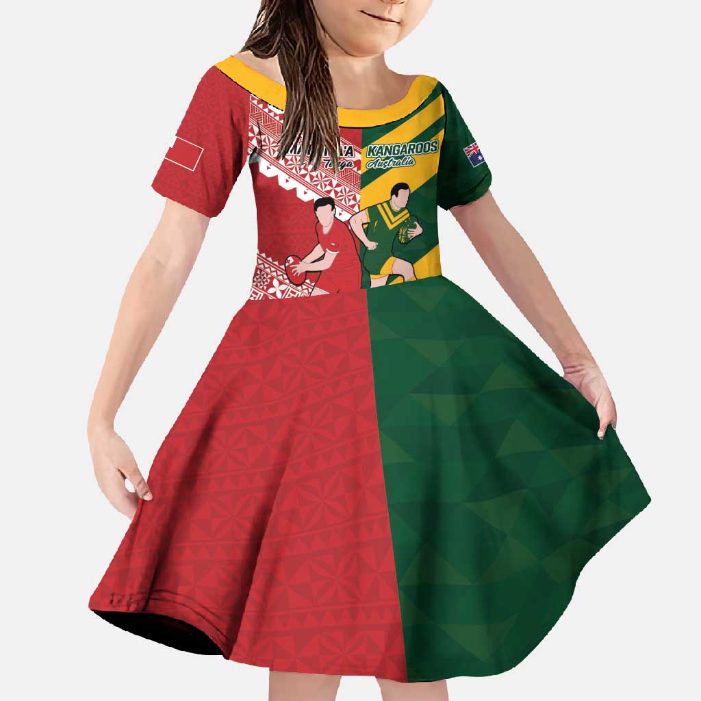 Australia-Tonga Rugby Pacific Custom Family Matching Summer Maxi Dress and Hawaiian Shirt The Kangaroos and Mate Ma'a Tonga LT9 Daughter's Dress Red-Green - Polynesian Pride