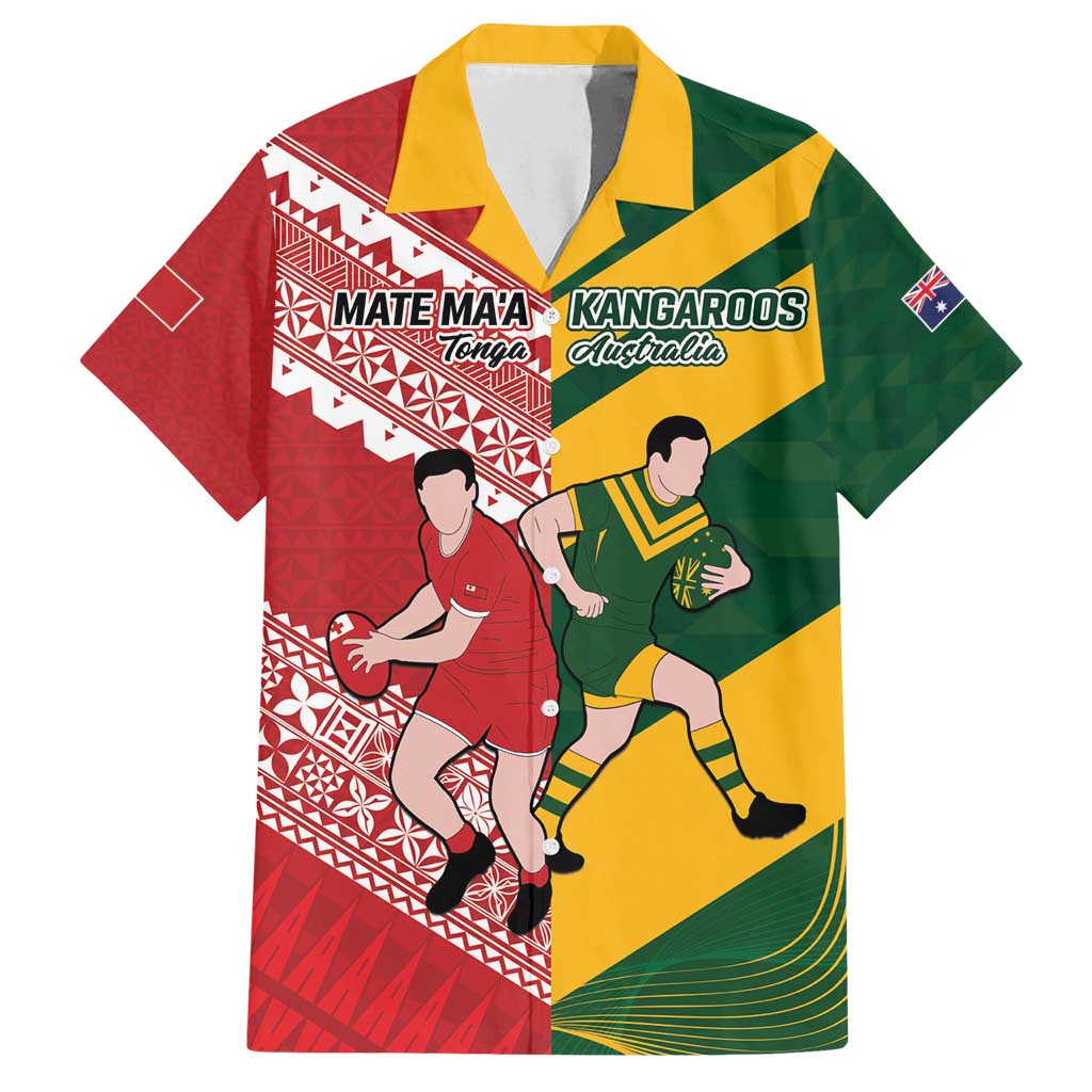 Australia-Tonga Rugby Pacific Custom Family Matching Summer Maxi Dress and Hawaiian Shirt The Kangaroos and Mate Ma'a Tonga LT9 Dad's Shirt - Short Sleeve Red-Green - Polynesian Pride