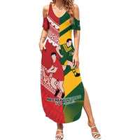 Australia-Tonga Rugby Pacific Custom Family Matching Summer Maxi Dress and Hawaiian Shirt The Kangaroos and Mate Ma'a Tonga LT9 Mom's Dress Red-Green - Polynesian Pride