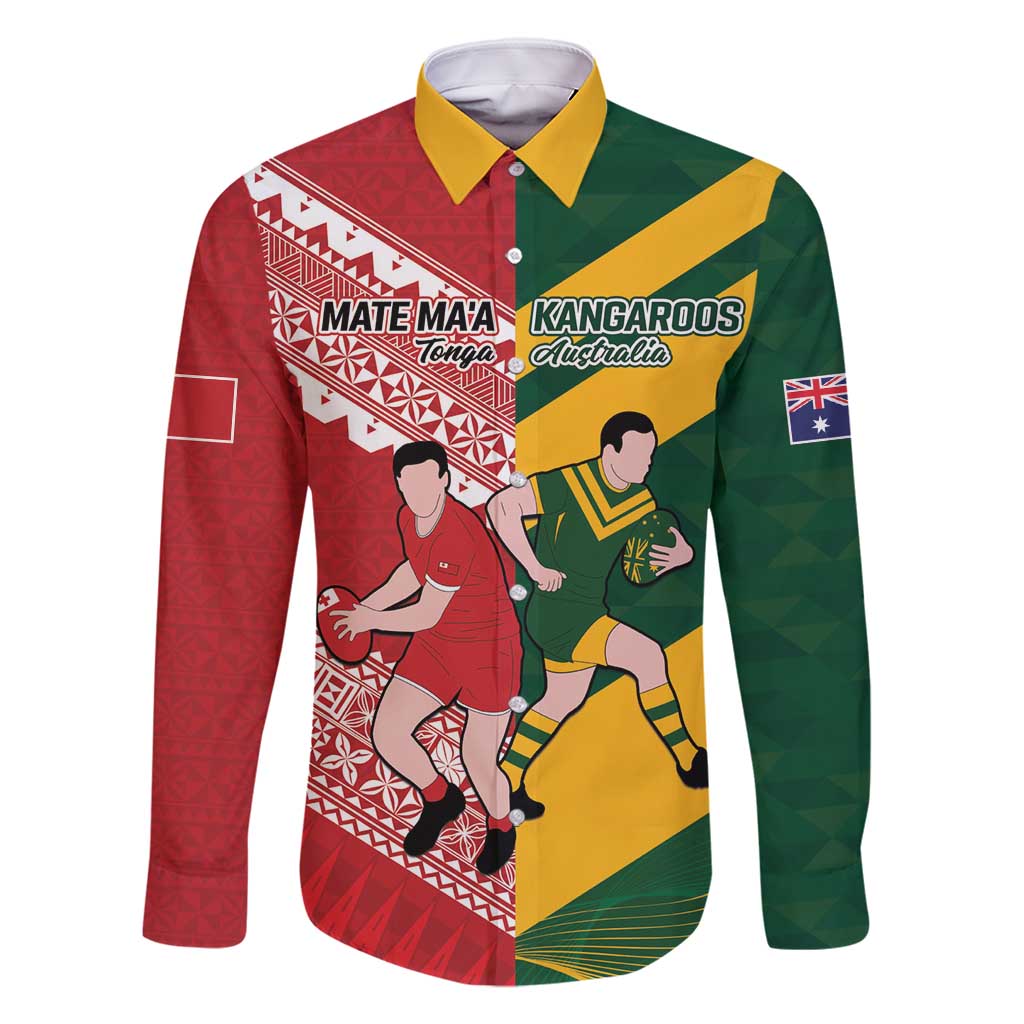 Australia-Tonga Rugby Pacific Custom Family Matching Tank Maxi Dress and Hawaiian Shirt The Kangaroos and Mate Ma'a Tonga LT9 Dad's Shirt - Long Sleeve Red-Green - Polynesian Pride