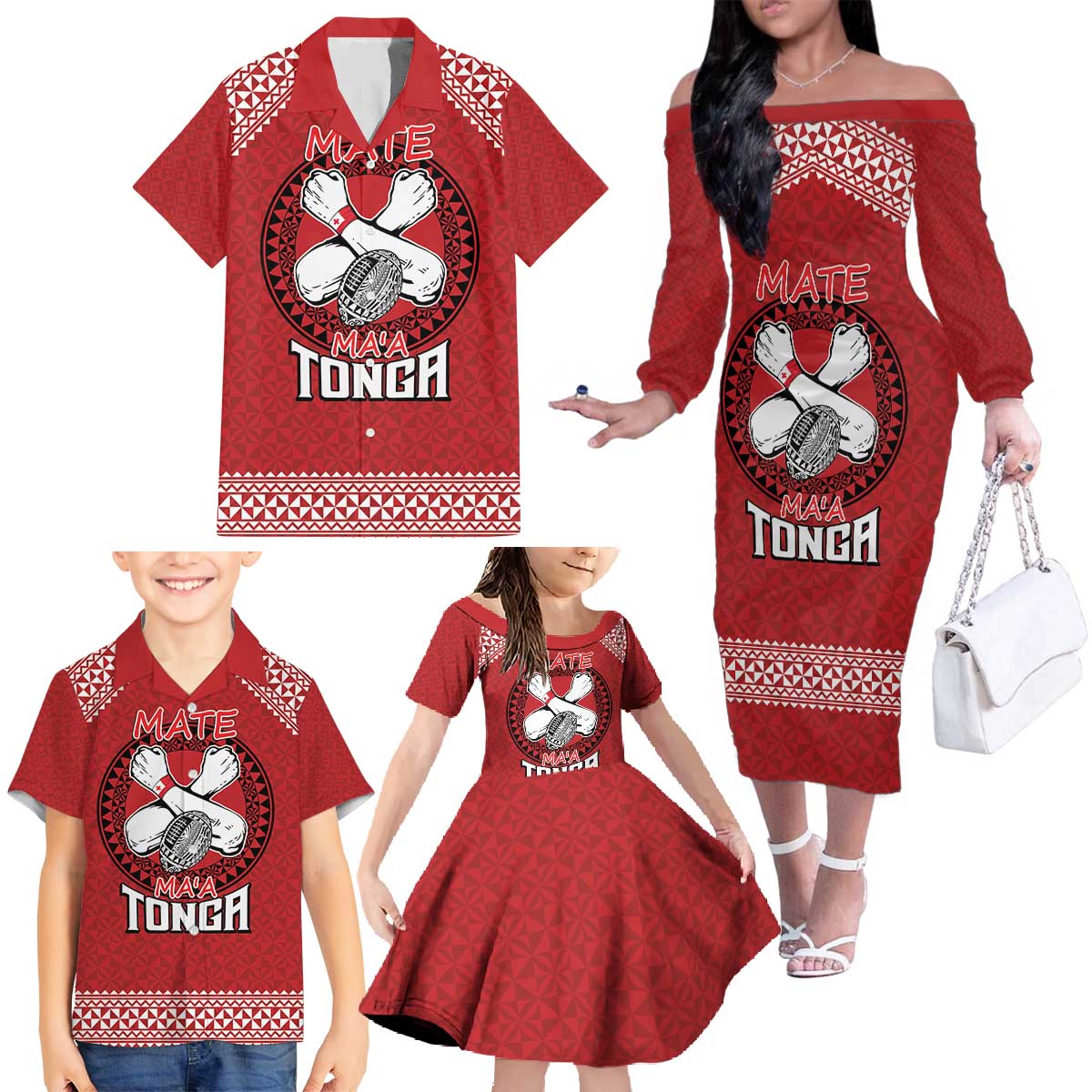 Tonga Rugby XIII Custom Family Matching Off The Shoulder Long Sleeve Dress and Hawaiian Shirt Mate Ma'a Tonga with Ngatu Pattern LT9 - Polynesian Pride