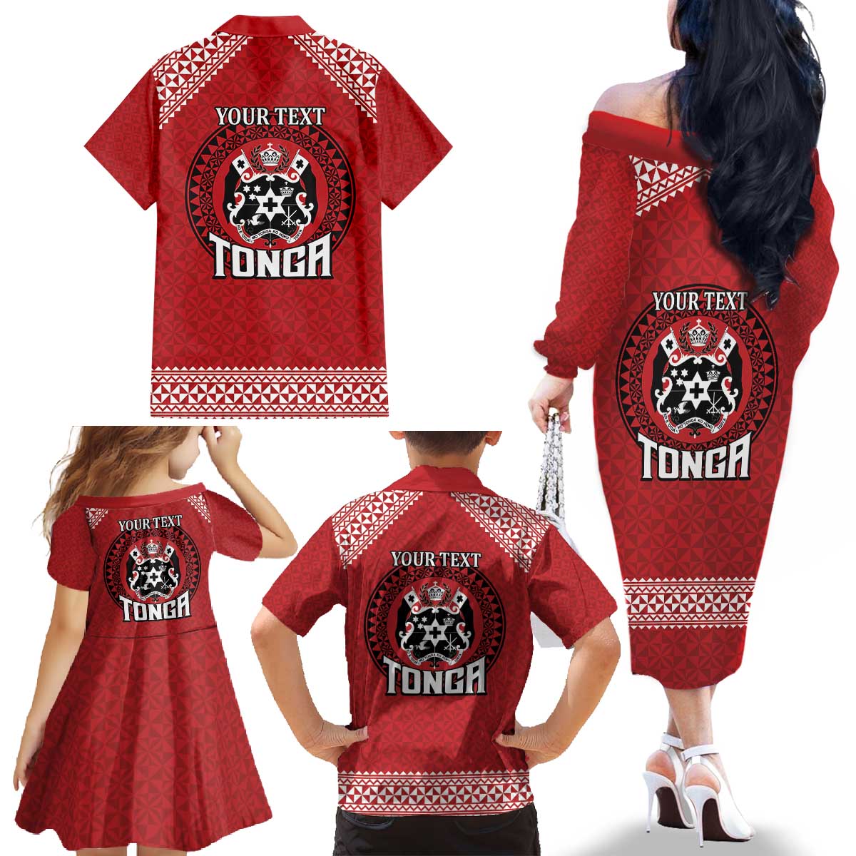 Tonga Rugby XIII Custom Family Matching Off The Shoulder Long Sleeve Dress and Hawaiian Shirt Mate Ma'a Tonga with Ngatu Pattern LT9 - Polynesian Pride