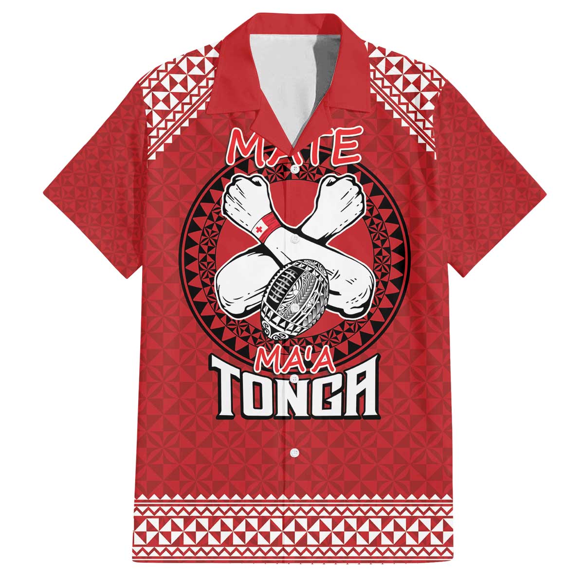 Tonga Rugby XIII Custom Family Matching Off The Shoulder Long Sleeve Dress and Hawaiian Shirt Mate Ma'a Tonga with Ngatu Pattern LT9 Dad's Shirt - Short Sleeve Red - Polynesian Pride
