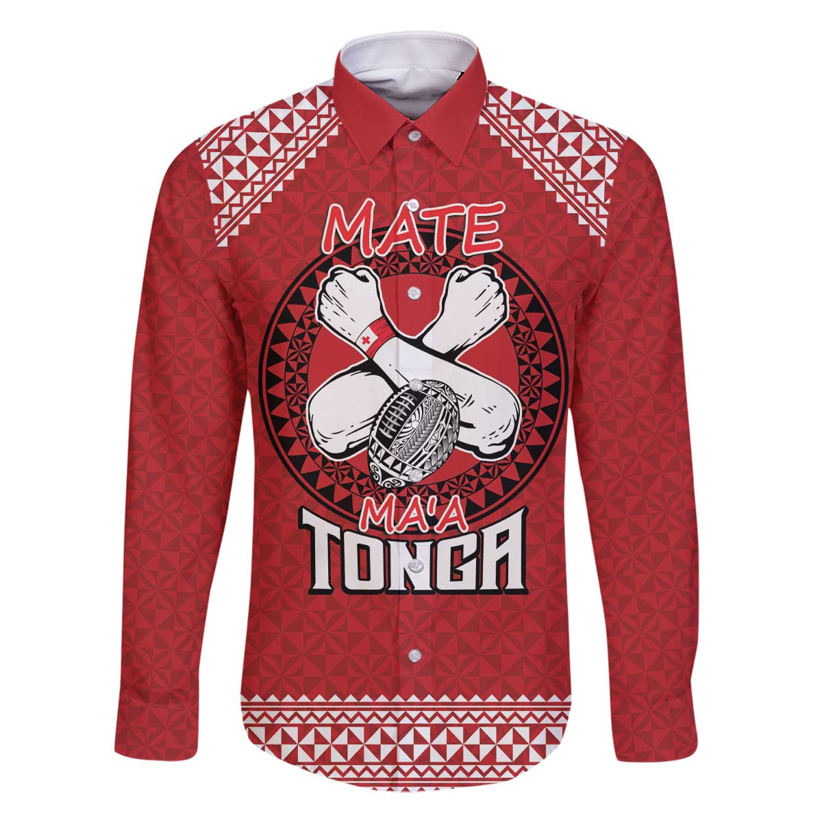 Tonga Rugby XIII Custom Family Matching Off The Shoulder Long Sleeve Dress and Hawaiian Shirt Mate Ma'a Tonga with Ngatu Pattern LT9 Dad's Shirt - Long Sleeve Red - Polynesian Pride