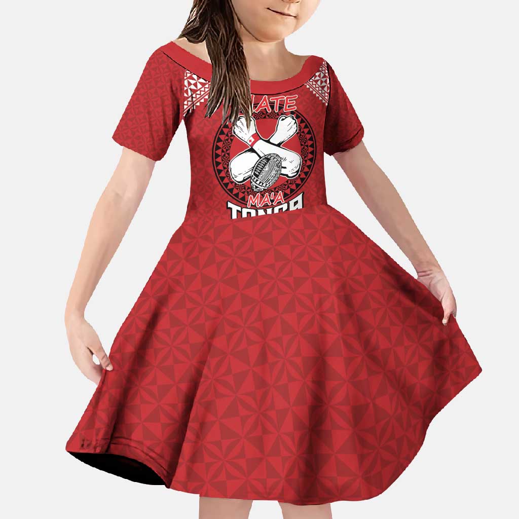 Tonga Rugby XIII Custom Family Matching Off Shoulder Maxi Dress and Hawaiian Shirt Mate Ma'a Tonga with Ngatu Pattern LT9 Daughter's Dress Red - Polynesian Pride