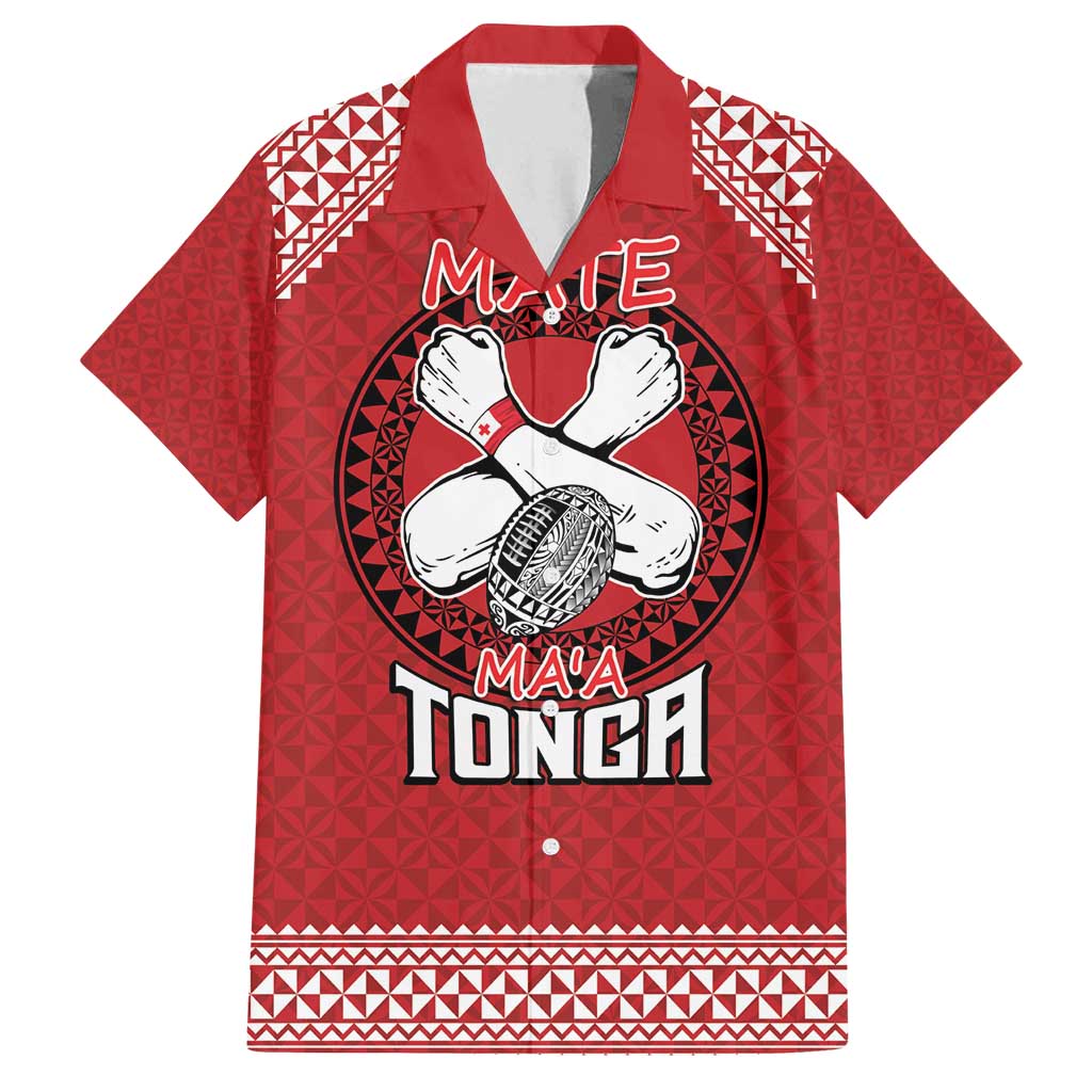 Tonga Rugby XIII Custom Family Matching Off Shoulder Maxi Dress and Hawaiian Shirt Mate Ma'a Tonga with Ngatu Pattern LT9 Dad's Shirt - Short Sleeve Red - Polynesian Pride