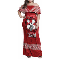 Tonga Rugby XIII Custom Family Matching Off Shoulder Maxi Dress and Hawaiian Shirt Mate Ma'a Tonga with Ngatu Pattern LT9 Mom's Dress Red - Polynesian Pride