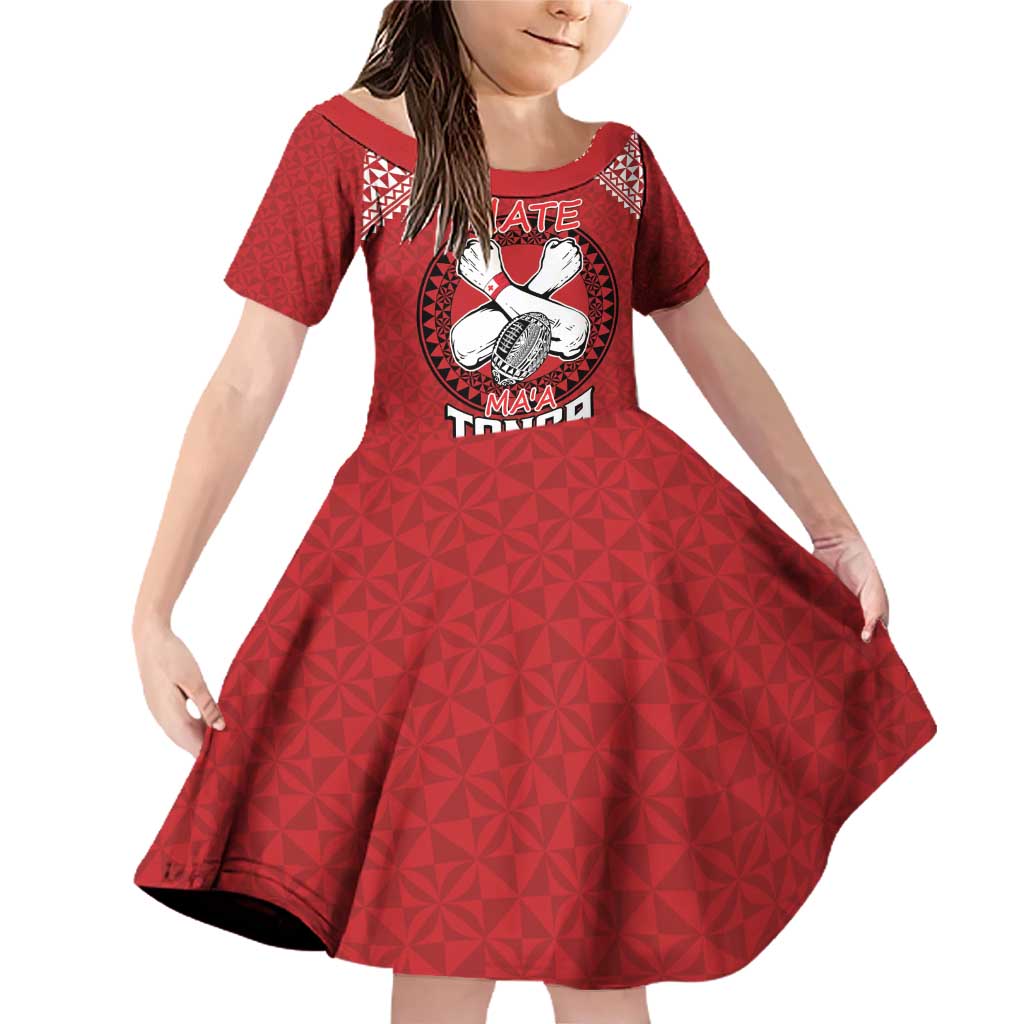 Tonga Rugby XIII Custom Family Matching Off Shoulder Short Dress and Hawaiian Shirt Mate Ma'a Tonga with Ngatu Pattern LT9 Daughter's Dress Red - Polynesian Pride