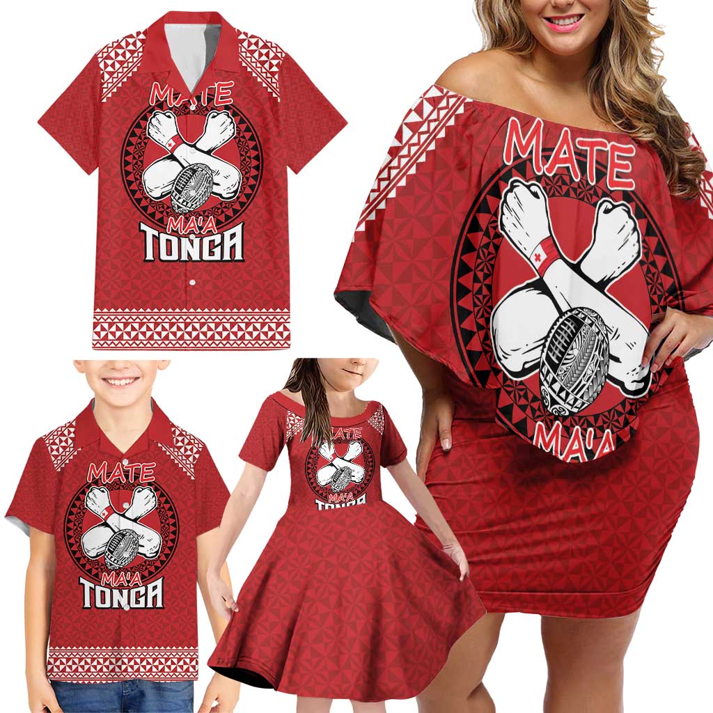Tonga Rugby XIII Custom Family Matching Off Shoulder Short Dress and Hawaiian Shirt Mate Ma'a Tonga with Ngatu Pattern LT9 - Polynesian Pride
