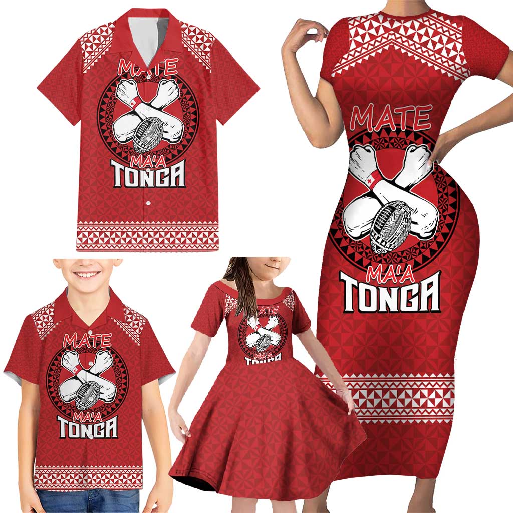 Tonga Rugby XIII Custom Family Matching Short Sleeve Bodycon Dress and Hawaiian Shirt Mate Ma'a Tonga with Ngatu Pattern LT9 - Polynesian Pride