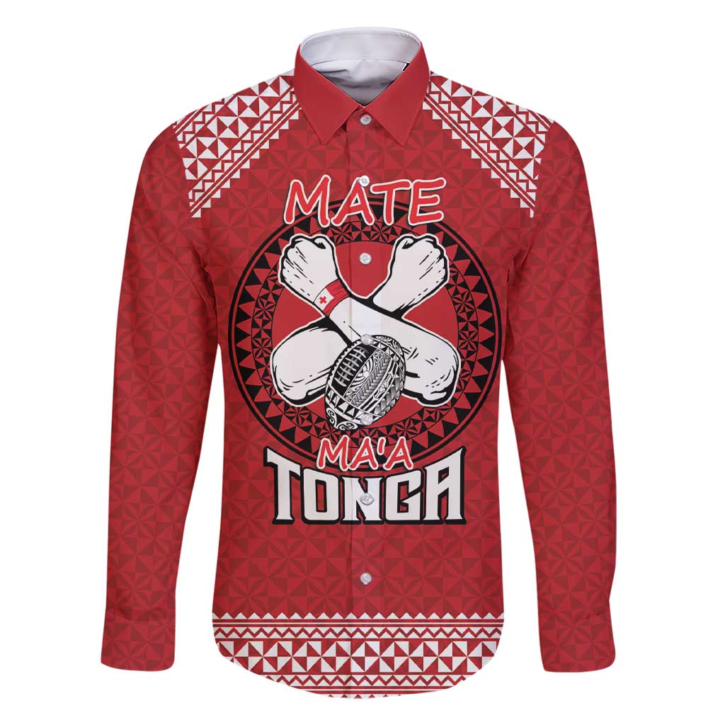 Tonga Rugby XIII Custom Family Matching Short Sleeve Bodycon Dress and Hawaiian Shirt Mate Ma'a Tonga with Ngatu Pattern LT9 Dad's Shirt - Long Sleeve Red - Polynesian Pride