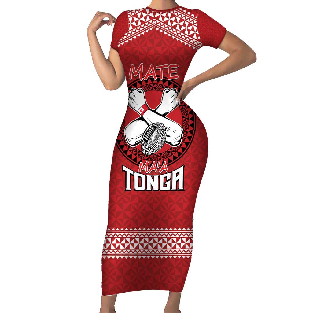 Tonga Rugby XIII Custom Family Matching Short Sleeve Bodycon Dress and Hawaiian Shirt Mate Ma'a Tonga with Ngatu Pattern LT9 Mom's Dress Red - Polynesian Pride