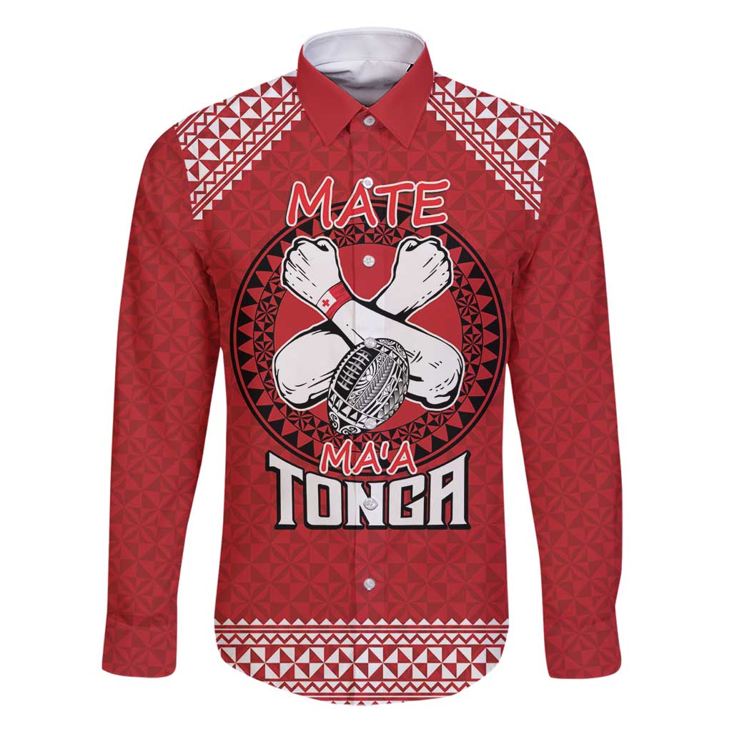 Tonga Rugby XIII Custom Family Matching Tank Maxi Dress and Hawaiian Shirt Mate Ma'a Tonga with Ngatu Pattern LT9 Dad's Shirt - Long Sleeve Red - Polynesian Pride