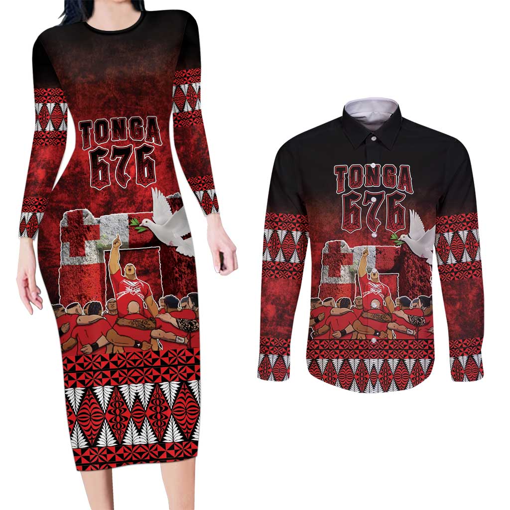 Custom Tonga 676 Haamonga a Maui Couples Matching Long Sleeve Bodycon Dress and Long Sleeve Button Shirt Tongan Sipi Tau Unique Dance LT9 Red - Polynesian Pride