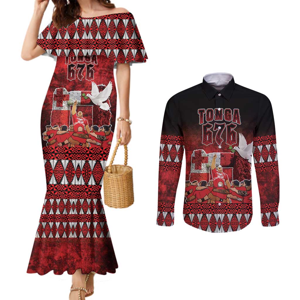 Custom Tonga 676 Haamonga a Maui Couples Matching Mermaid Dress and Long Sleeve Button Shirt Tongan Sipi Tau Unique Dance LT9 Red - Polynesian Pride