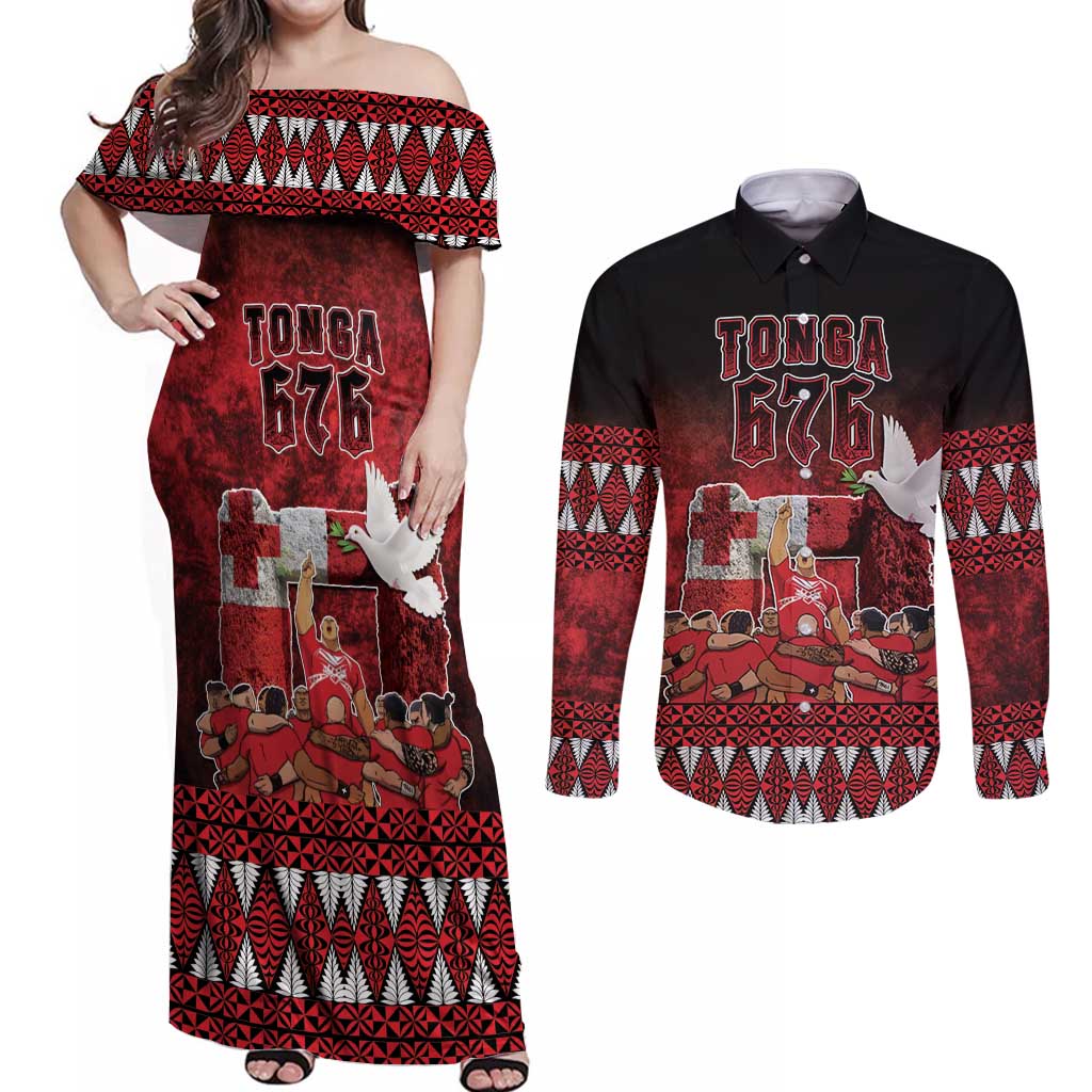 Custom Tonga 676 Haamonga a Maui Couples Matching Off Shoulder Maxi Dress and Long Sleeve Button Shirt Tongan Sipi Tau Unique Dance LT9 Red - Polynesian Pride