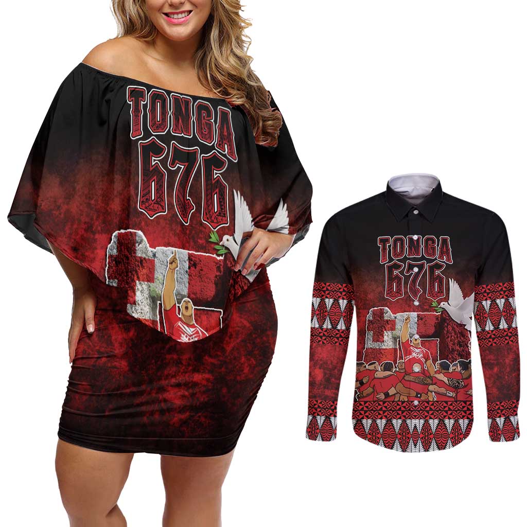 Custom Tonga 676 Haamonga a Maui Couples Matching Off Shoulder Short Dress and Long Sleeve Button Shirt Tongan Sipi Tau Unique Dance LT9 Red - Polynesian Pride