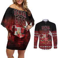 Custom Tonga 676 Haamonga a Maui Couples Matching Off Shoulder Short Dress and Long Sleeve Button Shirt Tongan Sipi Tau Unique Dance LT9 Red - Polynesian Pride