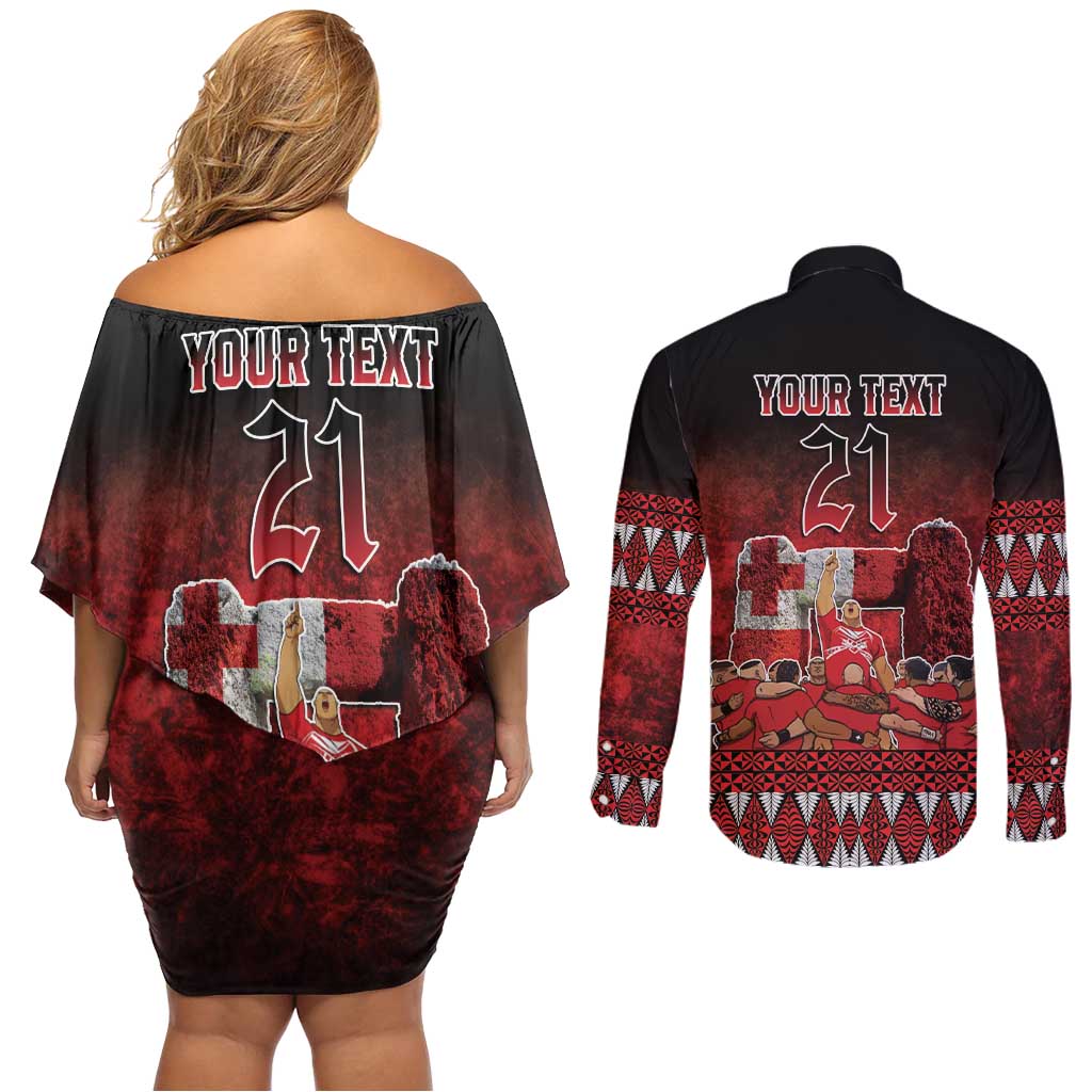 Custom Tonga 676 Haamonga a Maui Couples Matching Off Shoulder Short Dress and Long Sleeve Button Shirt Tongan Sipi Tau Unique Dance LT9 - Polynesian Pride
