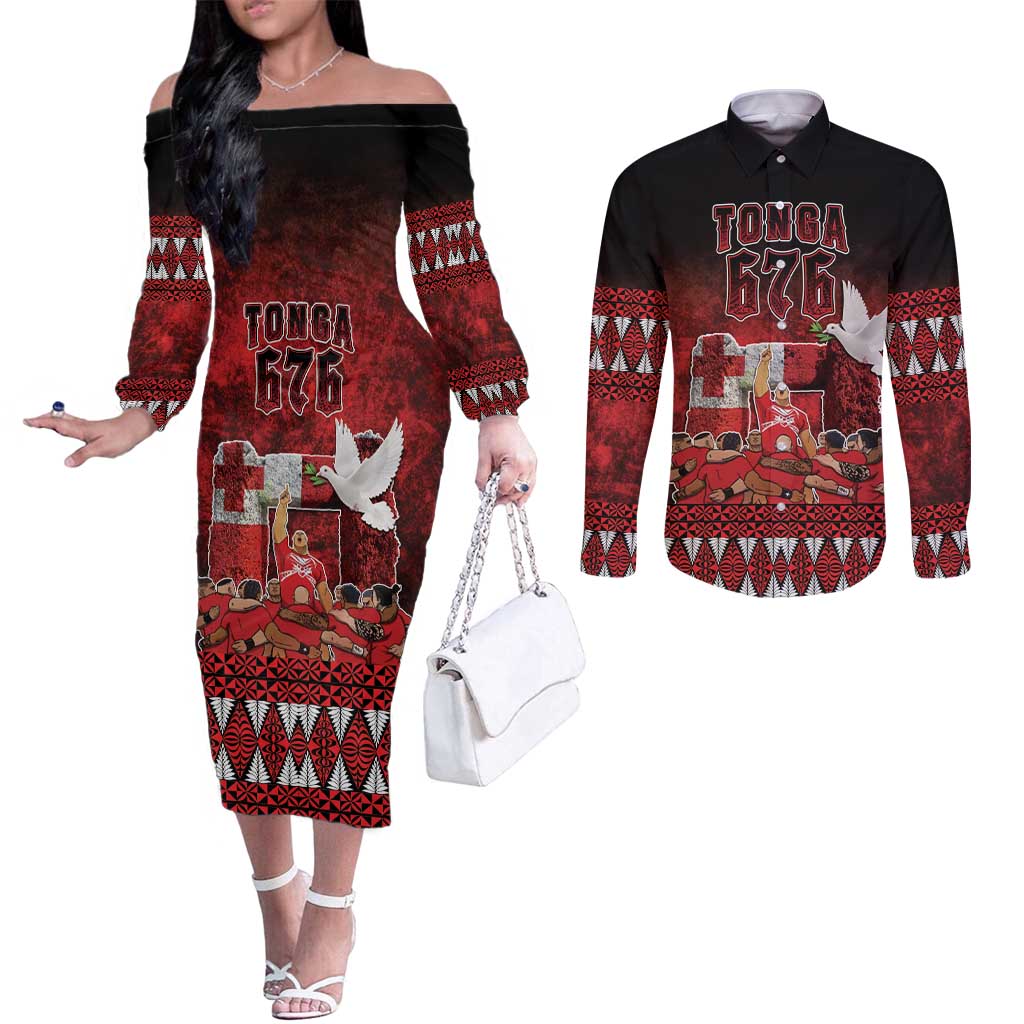 Custom Tonga 676 Haʻamonga ʻa Maui Couples Matching Off The Shoulder Long Sleeve Dress and Long Sleeve Button Shirt Tongan Sipi Tau Unique Dance