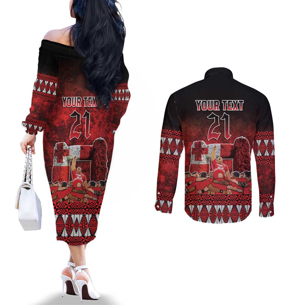 Custom Tonga 676 Haamonga a Maui Couples Matching Off The Shoulder Long Sleeve Dress and Long Sleeve Button Shirt Tongan Sipi Tau Unique Dance LT9 - Polynesian Pride