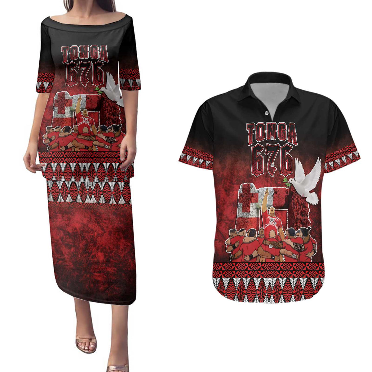 Custom Tonga 676 Haamonga a Maui Couples Matching Puletasi and Hawaiian Shirt Tongan Sipi Tau Unique Dance LT9 Red - Polynesian Pride