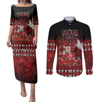 Custom Tonga 676 Haamonga a Maui Couples Matching Puletasi and Long Sleeve Button Shirt Tongan Sipi Tau Unique Dance LT9 Red - Polynesian Pride