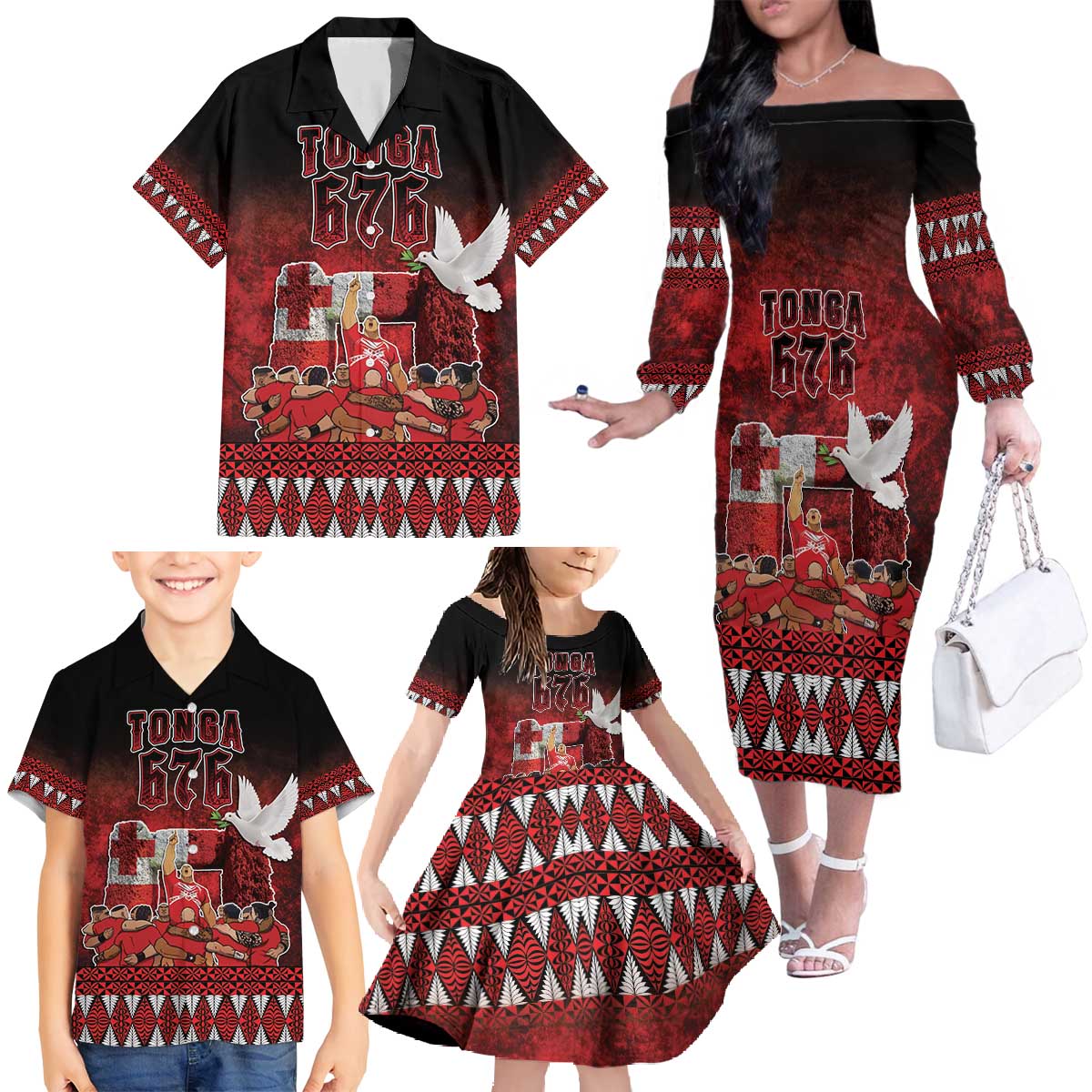 Custom Tonga 676 Haamonga a Maui Family Matching Off The Shoulder Long Sleeve Dress and Hawaiian Shirt Tongan Sipi Tau Unique Dance LT9 - Polynesian Pride