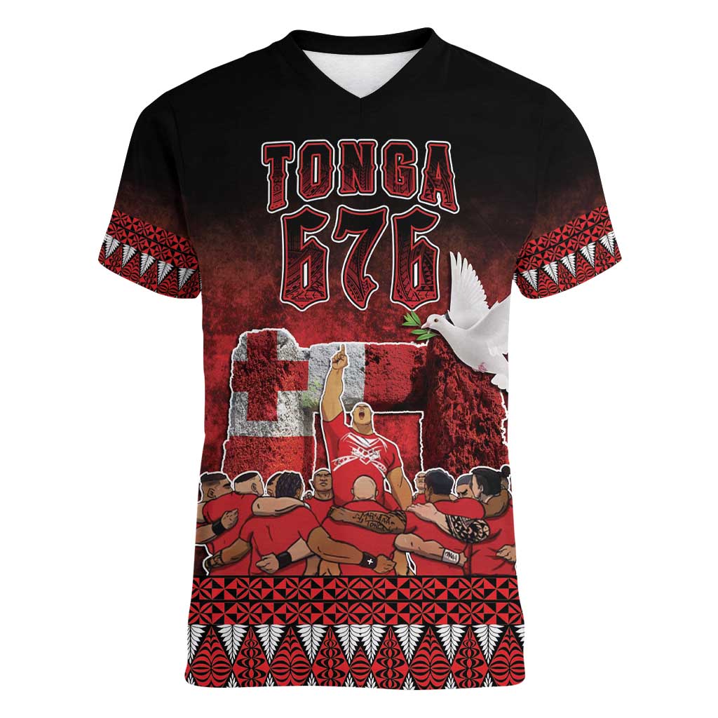 Custom Tonga 676 Haamonga a Maui Women V-Neck T-Shirt Tongan Sipi Tau Unique Dance LT9 Female Red - Polynesian Pride