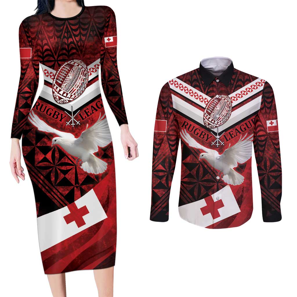 Custom Tonga XIII Rugby Tribal Tattoo Couples Matching Long Sleeve Bodycon Dress and Long Sleeve Button Shirt Mate Ma'a Tonga Kupesi Ngatu Grunge Style LT9 Red - Polynesian Pride