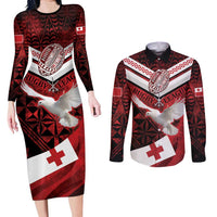 Custom Tonga XIII Rugby Tribal Tattoo Couples Matching Long Sleeve Bodycon Dress and Long Sleeve Button Shirt Mate Ma'a Tonga Kupesi Ngatu Grunge Style LT9 Red - Polynesian Pride