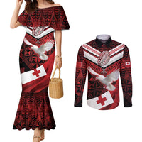 Custom Tonga XIII Rugby Tribal Tattoo Couples Matching Mermaid Dress and Long Sleeve Button Shirt Mate Ma'a Tonga Kupesi Ngatu Grunge Style LT9 Red - Polynesian Pride
