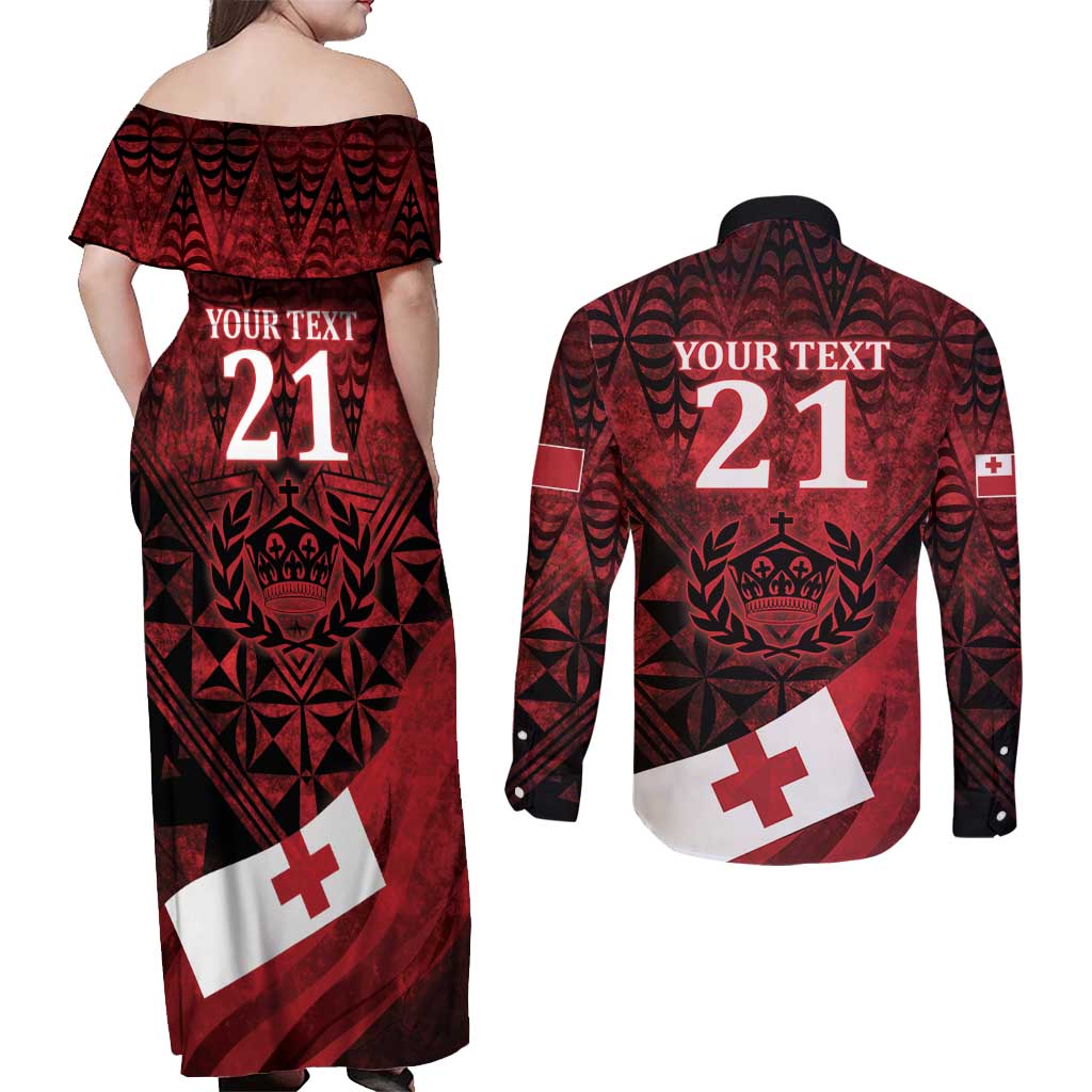 Custom Tonga XIII Rugby Tribal Tattoo Couples Matching Off Shoulder Maxi Dress and Long Sleeve Button Shirt Mate Ma'a Tonga Kupesi Ngatu Grunge Style LT9 - Polynesian Pride