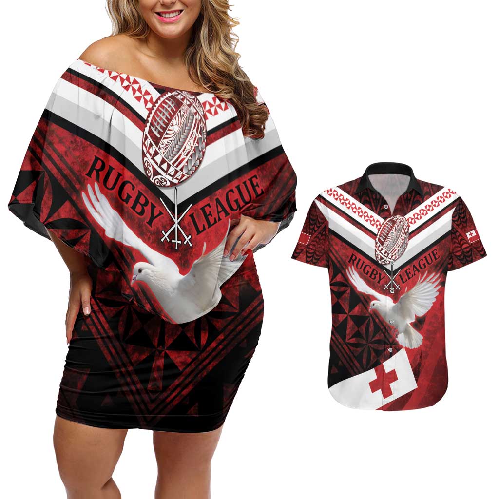 Custom Tonga XIII Rugby Tribal Tattoo Couples Matching Off Shoulder Short Dress and Hawaiian Shirt Mate Ma'a Tonga Kupesi Ngatu Grunge Style LT9 Red - Polynesian Pride