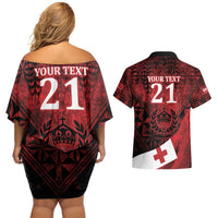 Custom Tonga XIII Rugby Tribal Tattoo Couples Matching Off Shoulder Short Dress and Hawaiian Shirt Mate Ma'a Tonga Kupesi Ngatu Grunge Style LT9 - Polynesian Pride