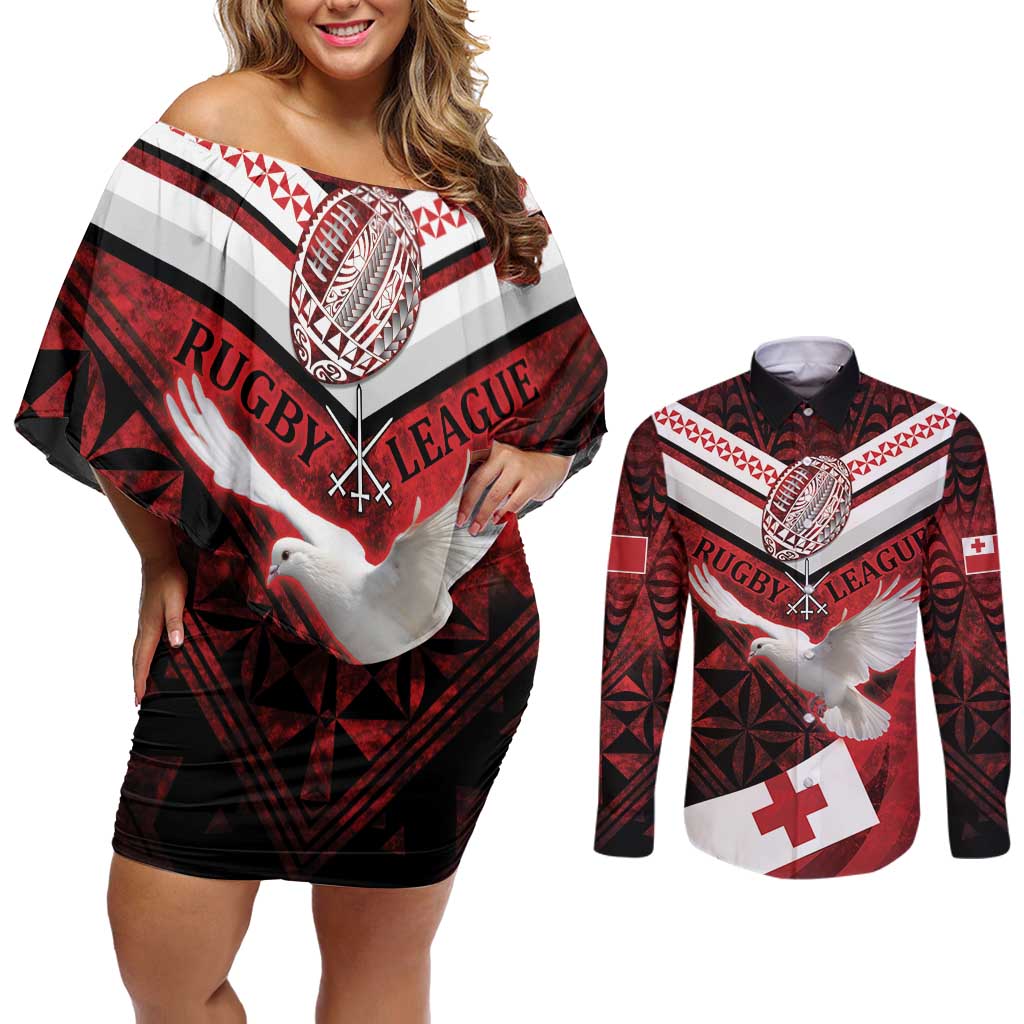 Custom Tonga XIII Rugby Tribal Tattoo Couples Matching Off Shoulder Short Dress and Long Sleeve Button Shirt Mate Ma'a Tonga Kupesi Ngatu Grunge Style LT9 Red - Polynesian Pride